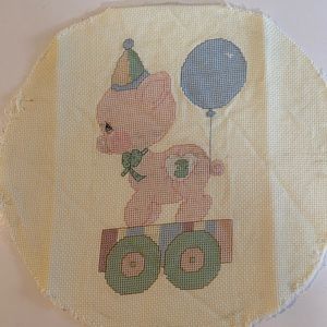 Handmade finished cross stitch piglet 10 inch circular circus neutral cute sweet